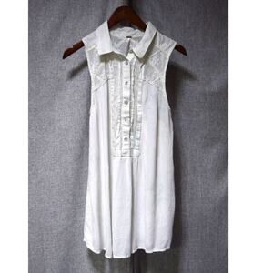 Free People Ivory Sleeveless Lace Inset Button Front Tunic Top L
